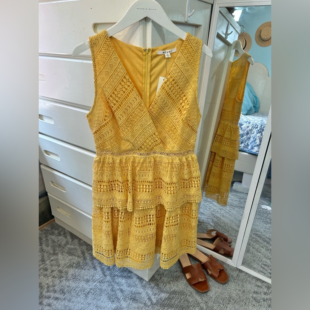 Marigold Eyelet Lace Yellow Ruffle Crochet Knot V-Neck Tiered Cocktail Dress✨